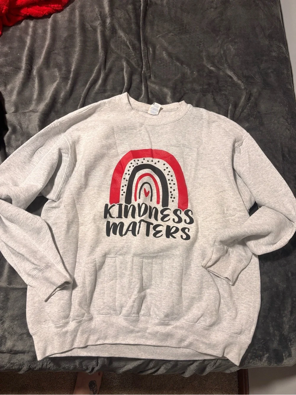 Port and Company Gray Sweatshirt with Red and Black Rainbow "Kindness Matters" - Picture 1 of 2